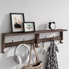 Coat Hooks, Wood Rack Wall-Mounted, 31.5 Inch Entryway Shelf with 10 Hooks (Brow
