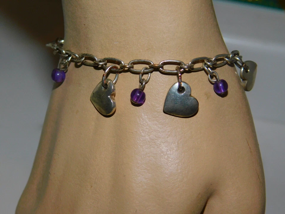 Silber Herz Anhänger Violett Lila Perlen Kette Armband 2f 104 - Bild 2 von 4