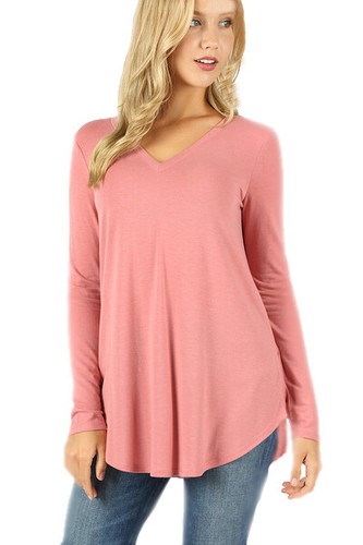 Zenana Womens Long Sleeve V-Neck Round Hem Relaxed Fit Top - Afbeelding 1 van 5