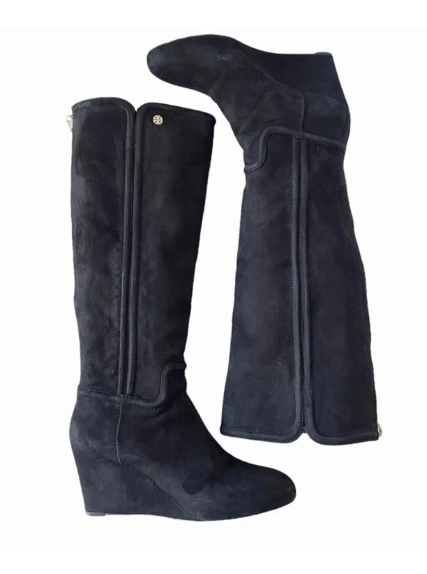 Tory Burch Tall Knee High Black Suede Leather Wedge Women's Boots Sz 7.5 - Image 3 of 4