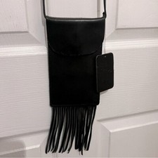 Black Leather Fringe Detail Mini Crossbody Bag NEW