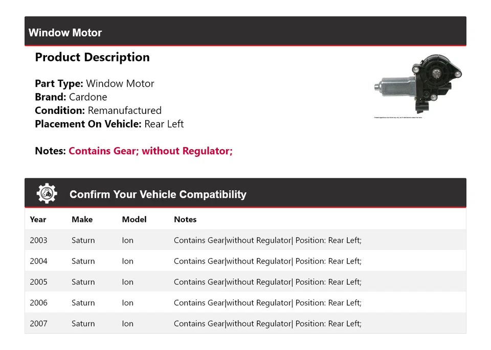For 2003-2007 Saturn Ion Window Motor Rear Left Cardone 2004 2005 2006 - Image 2 of 4