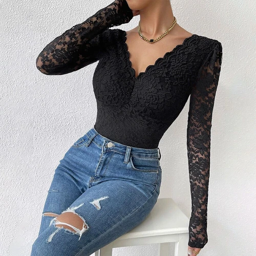 Sexy Langarm DAMEN BODY Spitzenbody Stringbody Bodysuit Dessous Unterwäsche Neu - Bild 5 von 15