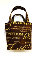 Handmade Fabric Lined Mini Tote Bag/Gift Bag Brown Faith Words Allover Print New