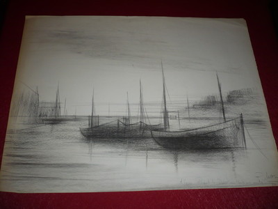 Collection JEAN PICART LE DOUX P. MATTHEY Original Zeichnung Signiert 1959 Boote