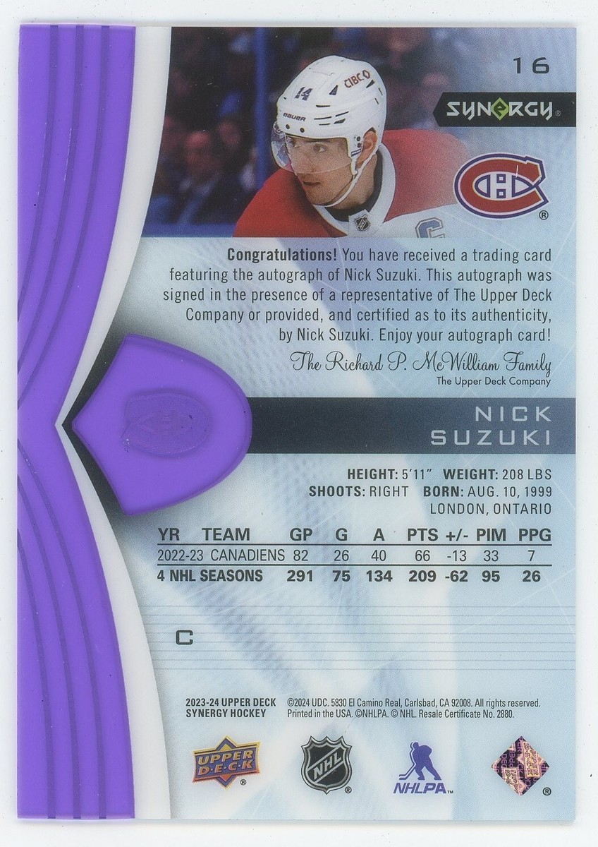 upper deck シフ　サインカード 2023-24 Upper Deck Synergy Purple Autograph Nick Suzuki 1/35