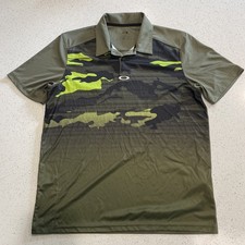 Oakley Polo Shirt Mens Medium Green Camo Flag Print Golf Performance Stretch