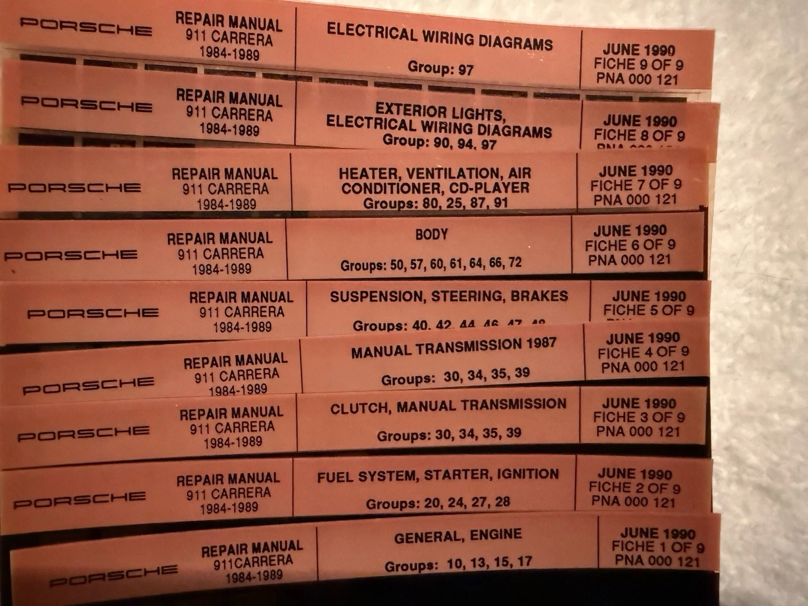 Porsche911 Carrera Microfiche Instruction Manual 1984-1989 Complete Set Used
