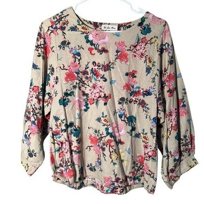 Yo Jia Ren Women s Boxy Blouse Beige Pink Blue Green Floral Boatneck 3/4 Sleeve
