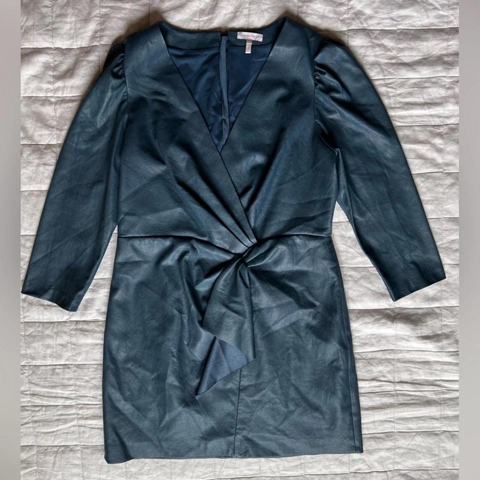 Rebecca Taylor 蓝色素食皮革 3/4 袖扭转裹身迷你连衣裙优雅 - 16 — 第 2/4 张图片