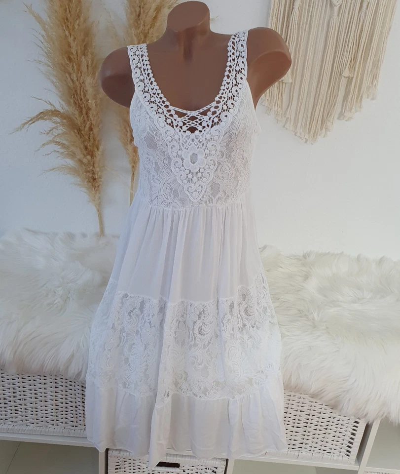 Häkel Kleid Träger Vintage Blogger Sommer Hippie Stickerei Weiß IBIZA 36 38 40 - Bild 4 von 4