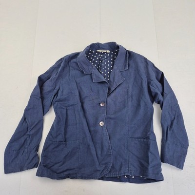 ADINI Blazer Medium Blue Womens Collared Button Up 100% Linen Jacket