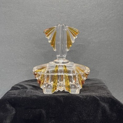 Vtg Amber Accents Cut Glass Lidded Powder/Trinket Dish Deco Style Vanity Decor