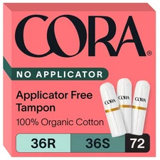 Cora Organic Cotton Tampons 72 Pack Non-Applicator Ultra-Absorbent Unscented