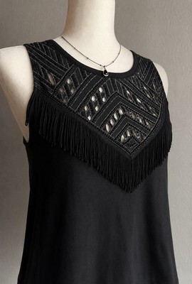 Express Black Fringe Cutout Boho Tank Top | Embellished Sleeveless Festival Top