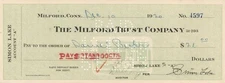 Milford Trust Company Check signed by Simon Lake - 1920 dated Autograph - Autogr