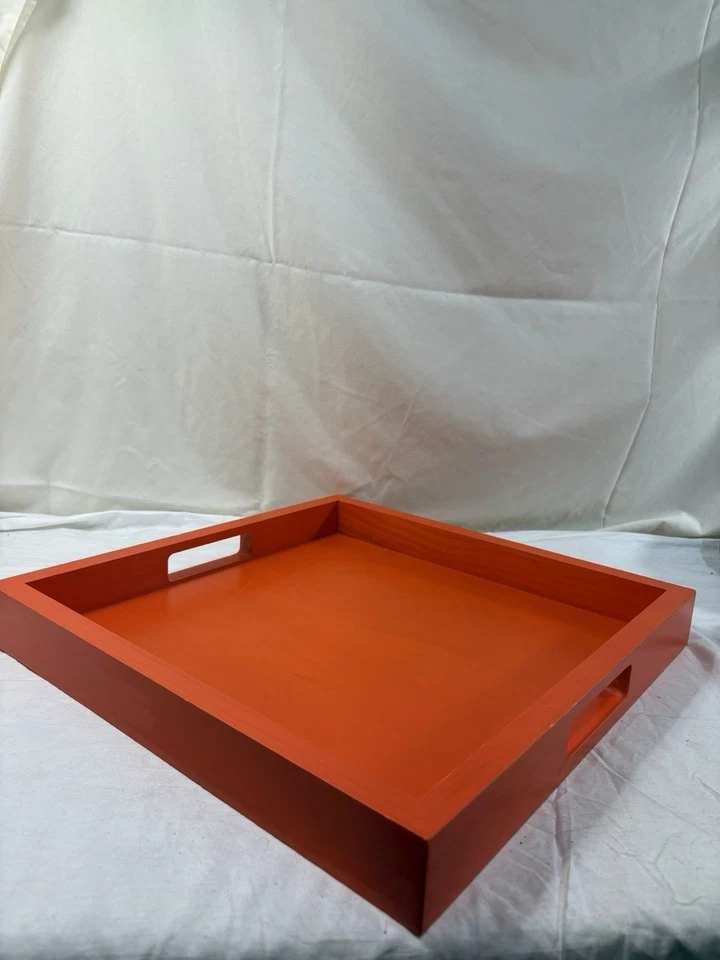 Crate & Barrel Orange Wooden Tray Square 16” Backyard Indoor Drink Holder - Image 2 of 4