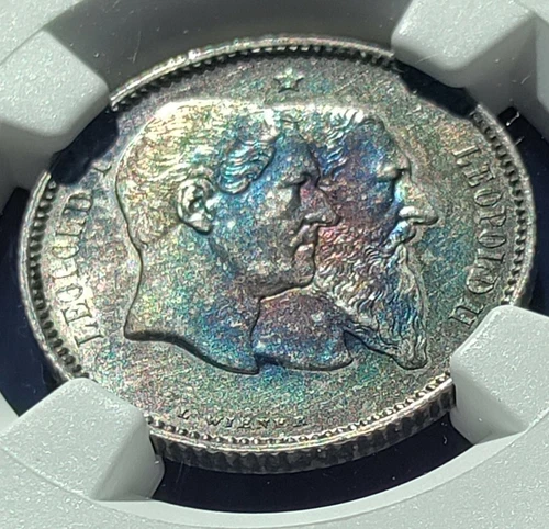 Belgium  1880 Franc  Fantastic blue/violet/orange toning.  NGC AU details