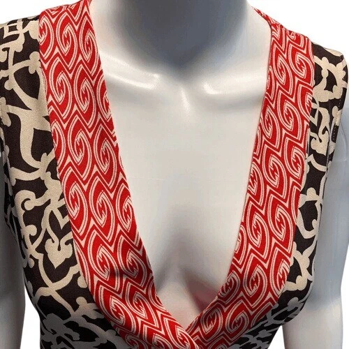 Diane von Furstenberg Black & Red Sleeveless Wrap Dress Lightweight Cotton Blend - Image 2 of 4
