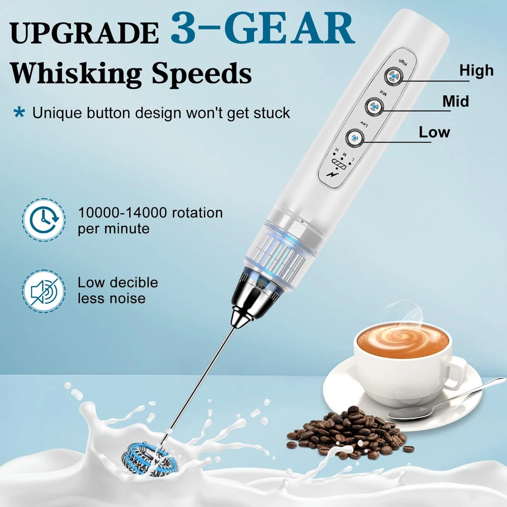Milk Frother Handheld with Stand, Electric Whisk 3 Speed Adjustable, Drink Mi...