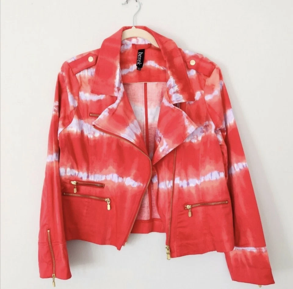 Berek Red Pink Coral Tie Dye Striped Moto Biker Jacket L Colorful Boho Foto 3 de 4