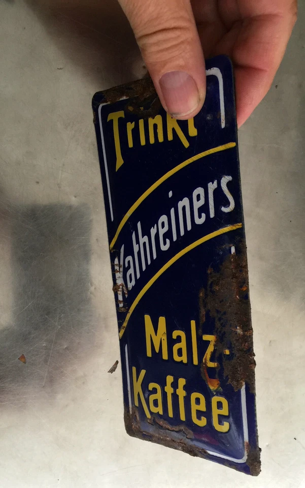 orig. Emaileschild Trink Kathreiners Kaffee Türschild ca.1920 - ca. 8 x 16cm - Bild 2 von 4