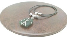 Genuine Rare Beach Glass, Sea Glass, Wire Wrapped Pendant Leather Necklace