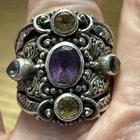 Heavy Vintage Sterling Silver Amethyst Topaz Citrine Ornate Ring Size 6.25-6.5