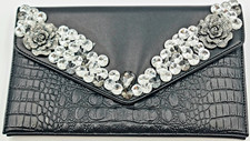 Black Croc Embossed Crystal Clutch Evening Bag Gold Chain Purse