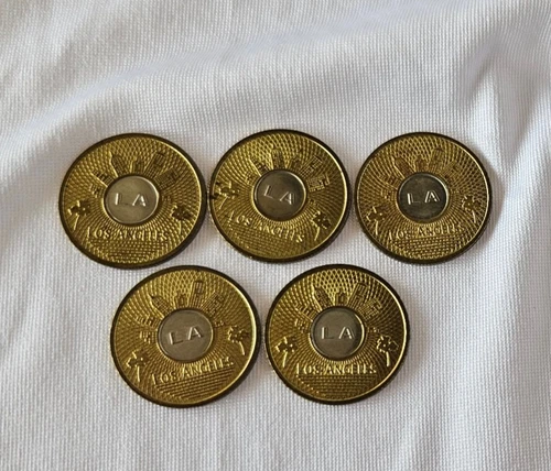  5 Los Angeles Base Fare LA California Metro coins. Lot of 5 vintage coin tokens - product listing photo