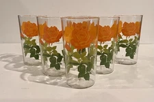 Vintage Set of 6 RETRO Orange Roses Juice Drinking Glass Tumbler 4.75” Tall 