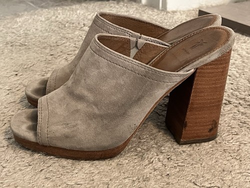 Frye Blake Gray Taupe Suede Peep Toe Mules Size 8.5 Block Heel - Picture 4 of 17