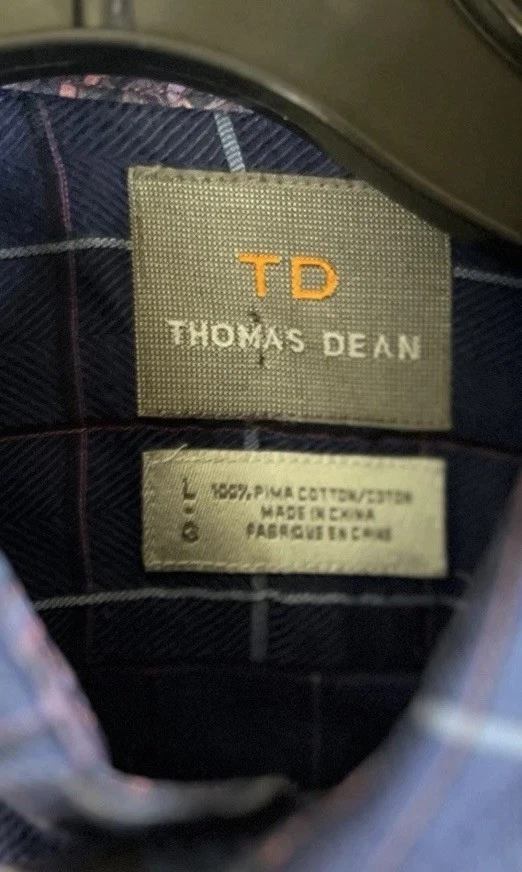 Thomas Dean Dress Shirt Men’s Size Large Flip Cuff Blue Plaid Checkered - Image 4 of 4