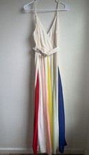 Aura Women’s Colorblock Maxi Dress Belted Sleeveless Cream Pink Blue  Flawed S