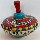 Vintage Ohio Art Metal Spinning Top Wood Handle Litho Tin Toy Zebra Circus 5”