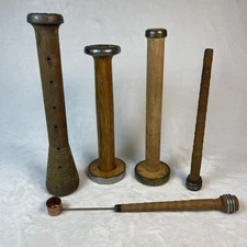 Vintage Industrial Primitive Textile Mill Bobbins Spindles Wood Metal Set of 5