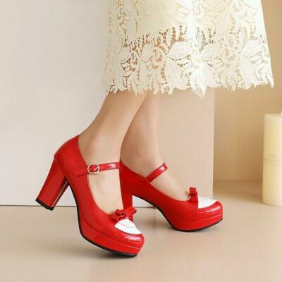 Women's Dress Shoes Bow Sweet Platform Mary Jane High Heels Two Tone Color Block