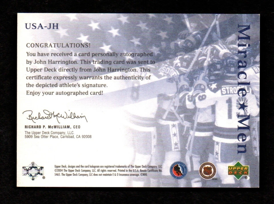 2004-05 UD Legendary Signatures Miracle Men JOHN HARRINGTON Autograph - Image 2 of 2