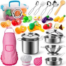 Kitchen Pretend Play Set with Cookware Chef Hat and Cutting Toys for Kids
