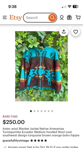 Artesanias Tuntaquimba Colorful Wool Hooded Zip Front Aztec Jacket - Size 8 - Picture 10 of 10