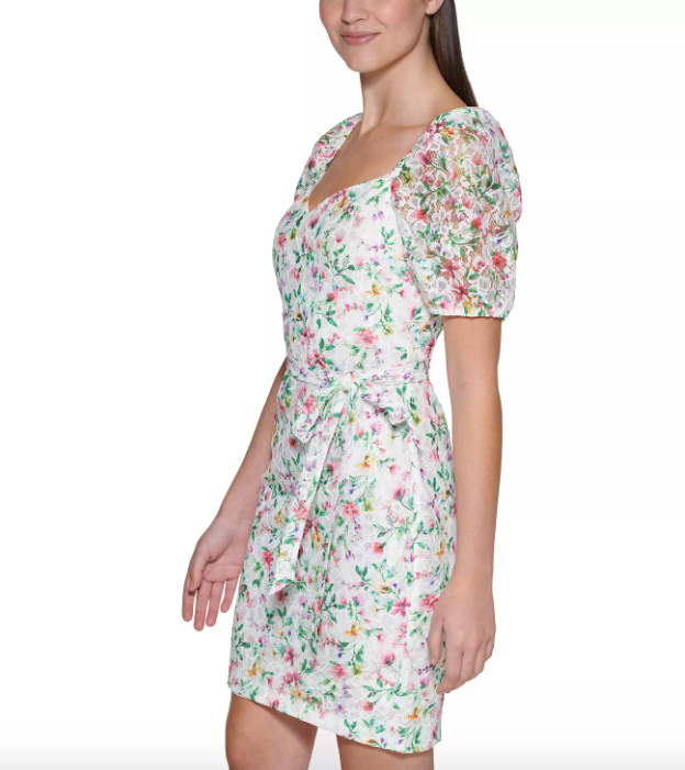 guess floral mini dress Guess Womens White Zippered Sheer Lace Lined Tie Belt Darted Floral Pouf Sleeve Sweetheart Neckline Above The Knee Sheath Dress 8