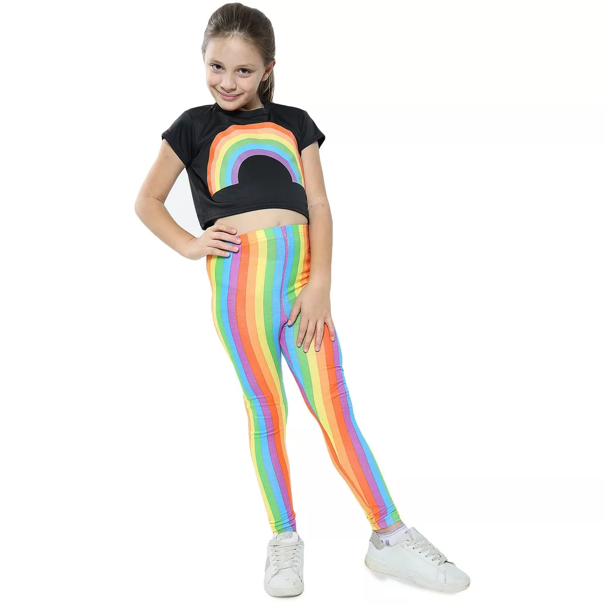 Kids Girls Crop Top & Legging Set Rainbow Black Fashion Outfit