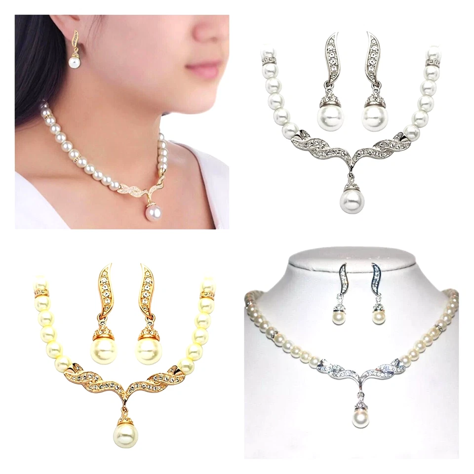 Silver Gold Crystal And Pearl Sparkling Rhinestone Wedding Necklace Earring Set - Image 2 of 4