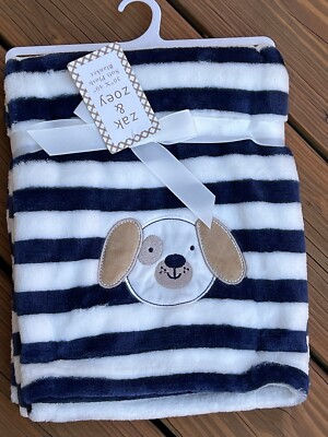 Zak Zoey Baby Blanket Puppy Dog Face Blue White Stripes