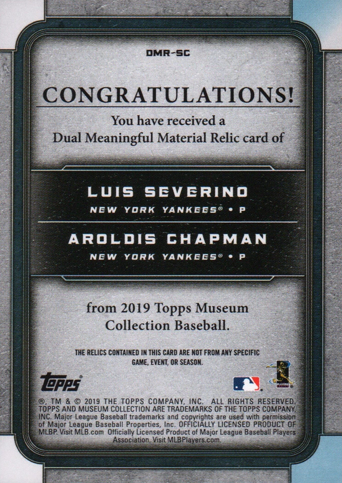 2019 Topps Museum Dual Meaningful Material Relic Aroldis Chapman Luis Severino - Image 2 of 2
