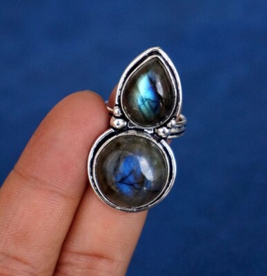Fire Labradorite Gemstone Ring 925 Sterling Silver Two Stone Ring Women's Ring
