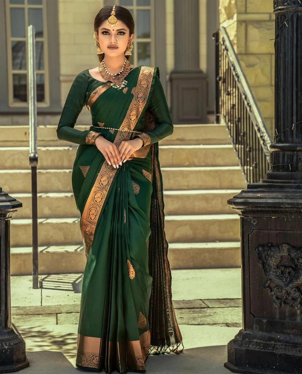 Dark Green Saree Sari Litchi Silk Indian Pakistani Bollywood Wedding Party  Wear