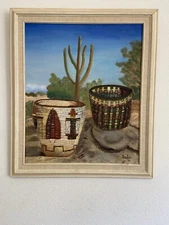 VTG Hopi Indian Baskets Framed Original Oil Painting Signed Leslie 1978 W/ Verso