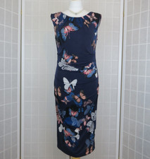 Phase Eight Dress Size 12 Navy Pink Blue Butterfly Print Ruched Bodycon Wiggle