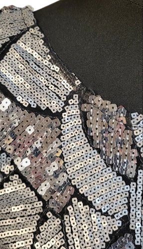Vintage Silver Sequin Short Dress Full Rear Zip Plunge Back Mini. 19" pit 2 pit - Picture 8 of 12